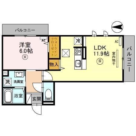 D-ROOM天神 B棟(1LDK/1階)の間取り写真