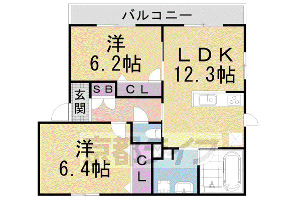 ヴィラフルール御陵(2LDK/3階)の間取り写真