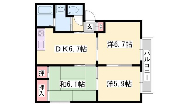バリュージュ御着 B棟(3DK/1階)の間取り写真