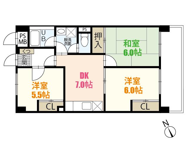 メープル祇園(3DK/5階)の間取り写真