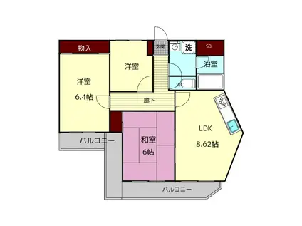 アヴェニュー東生駒(3LDK/4階)の間取り写真