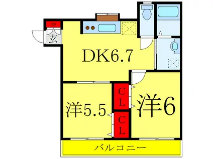 パームヒルズII(2DK/2階)の間取り写真