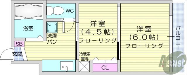 イーグルハイツ銀杏町(2K/4階)の間取り写真