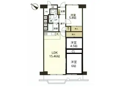 スカイハイツ麻生2号棟(3LDK/3階)の間取り写真