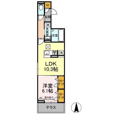 セレスティア助光 B棟(1LDK/1階)の間取り写真