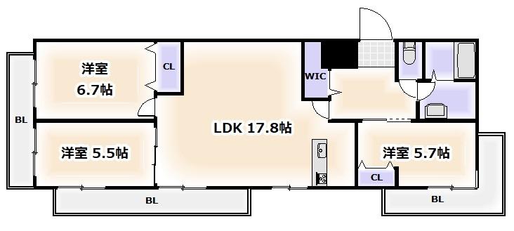 グランドール夕陽ヶ丘(3LDK/6階)の間取り写真
