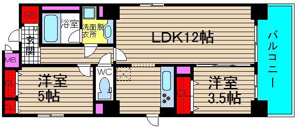 ブルー・エ・グリ上町台(2LDK/4階)の間取り写真