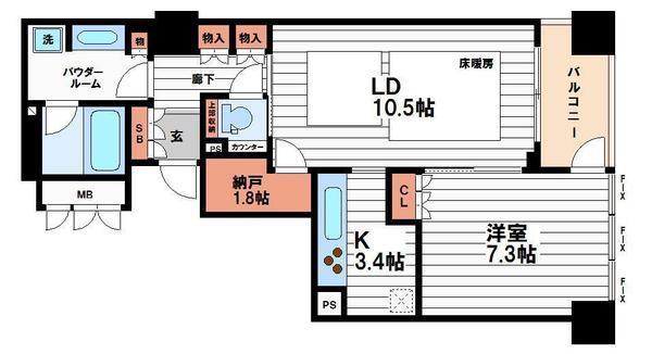 ブランズタワー大阪備後町(1LDK/19階)の間取り写真