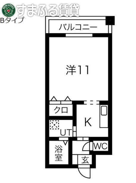 ティーワン緑町(1K/2階)の間取り写真