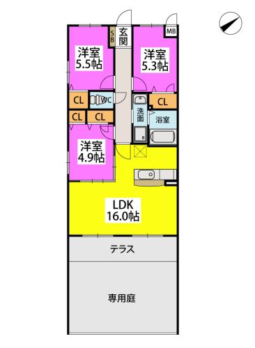 ボルドーV番館(3LDK/1階)の間取り写真