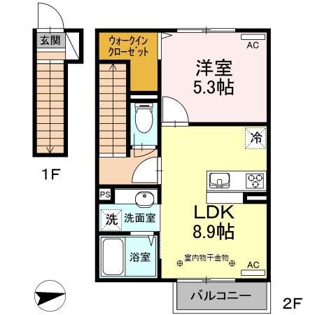 ウィステリア ハッピー クレイン(1LDK/2階)の間取り写真