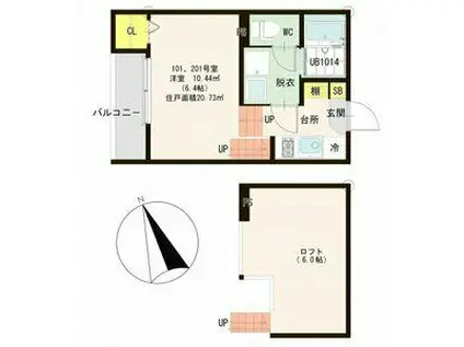 ハーモニーテラス東照宮IV(1K/2階)の間取り写真