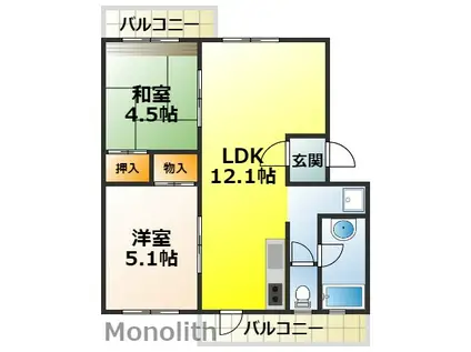泉北竹城台1丁17号棟(2LDK/2階)の間取り写真