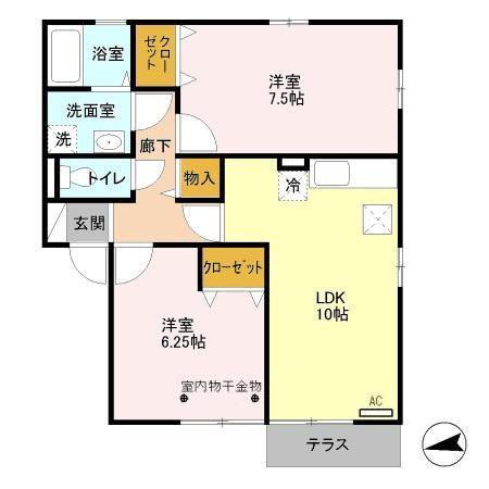 イーストハウスII二ツ宮(2LDK/1階)の間取り写真