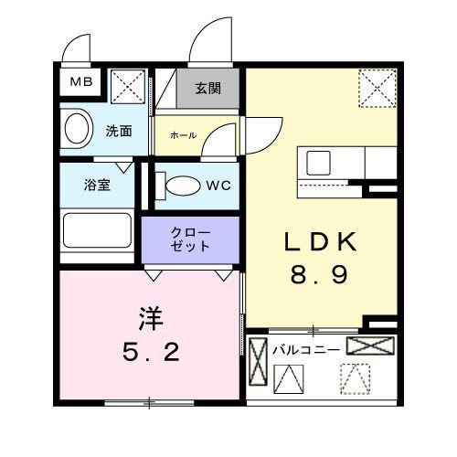 ソレイユ八条春日(1LDK/2階)の間取り写真