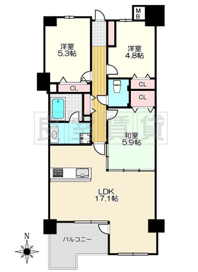 山手通シティハウス(3LDK/14階)の間取り写真