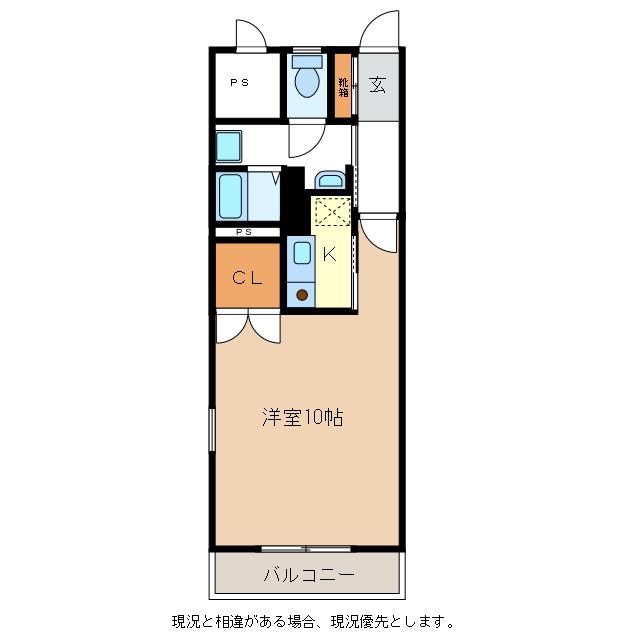 ルート南向 A棟(1K/2階)の間取り写真