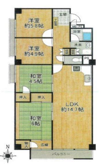 鈴蘭泉台第1ハウス(4LDK/4階)の間取り写真