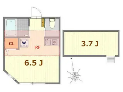 ヒルズ山手A棟(ワンルーム/2階)の間取り写真