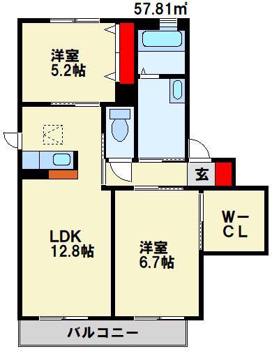 シャーメゾン茶屋の原II  A棟(2LDK/2階)の間取り写真