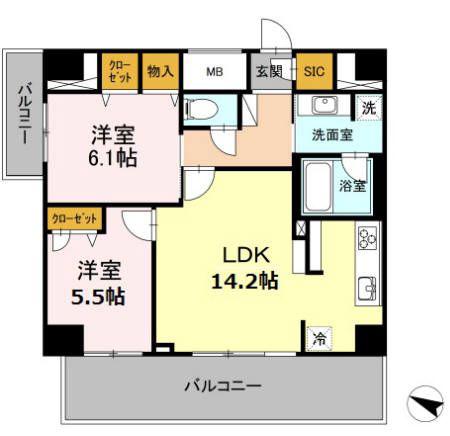 D GRANDE 鹿児島中央(2LDK/7階)の間取り写真
