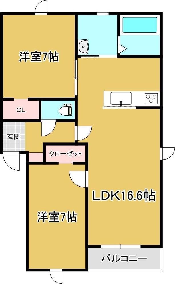 西16南6アパート(2LDK/1階)の間取り写真