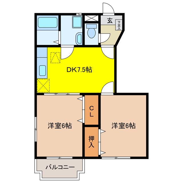 養老鉄道養老線 広神戸駅 徒歩35分 2階建 築23年(2DK/1階)の間取り写真