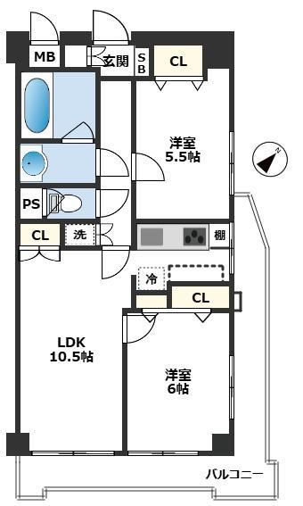 ハイコーポ梅屋敷(2LDK/6階)の間取り写真