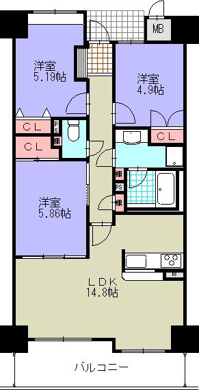 ＪＲ山田線 上盛岡駅 徒歩5分 14階建 築20年(3LDK/11階)の間取り写真