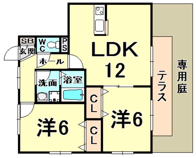 ヘーベルタウン・藤原 D棟(2LDK/1階)の間取り写真