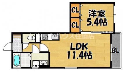 クリエオーレ荒本I(1LDK/1階)の間取り写真