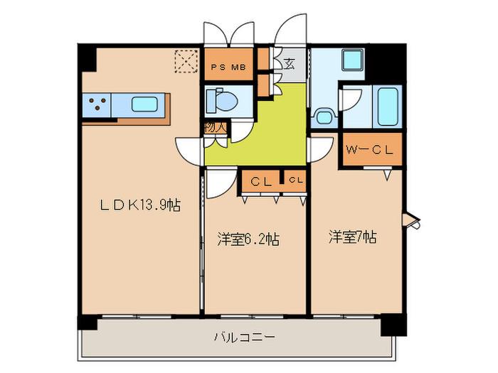 ル・シェール香椎(2LDK/9階)の間取り写真