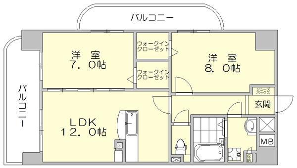 ブランシュシュ空港通(2LDK/8階)の間取り写真