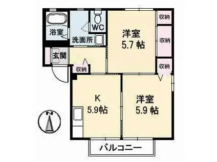 パークヒルB棟(2K/1階)の間取り写真