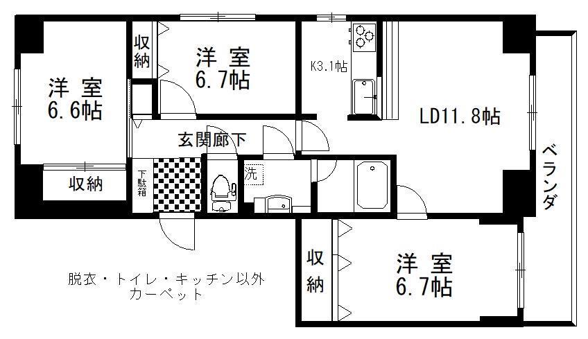 ソピア鶴ヶ岱(3LDK/3階)の間取り写真