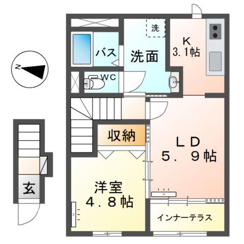 新潟市秋葉区中野アパート(1LDK/2階)の間取り写真