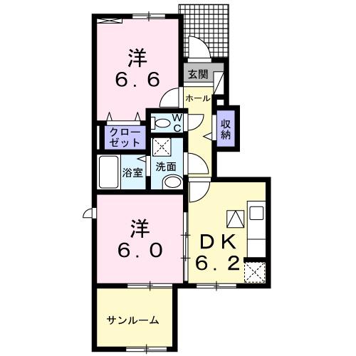カーサ ジンゴB(2DK/1階)の間取り写真