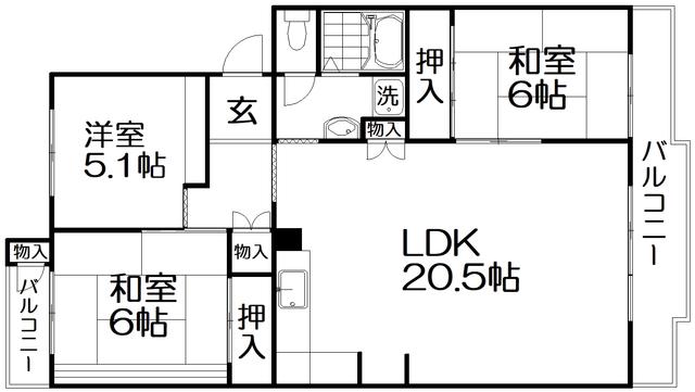 グリーンヒル光善寺十八号棟(3LDK/5階)の間取り写真