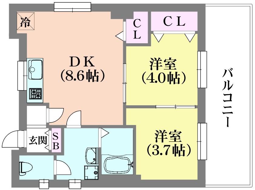 ラムール西山町(2DK/5階)の間取り写真