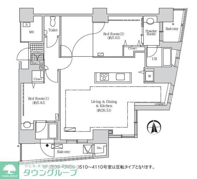 アクティ汐留(2LDK/32階)の間取り写真