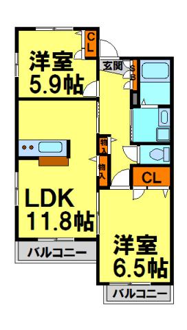 ラフィネ花屋敷(2LDK/2階)の間取り写真