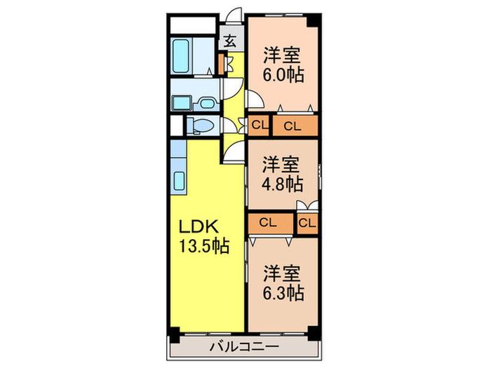 緑地公園パークハイツ7号棟(3LDK/5階)の間取り写真
