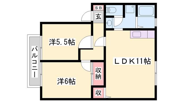 サンハイム下手野B棟(2LDK/1階)の間取り写真