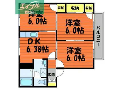 ラフォーレ阿部 A棟(3DK/2階)の間取り写真