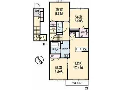 アンソレイユ B棟(3LDK/2階)の間取り写真