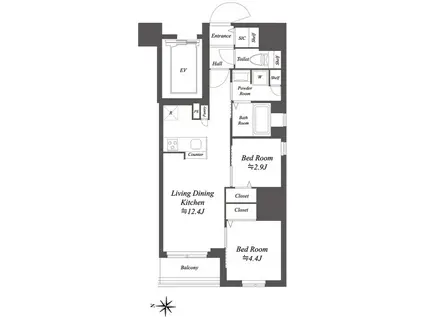 ドゥーエ亀戸II(2LDK/7階)の間取り写真