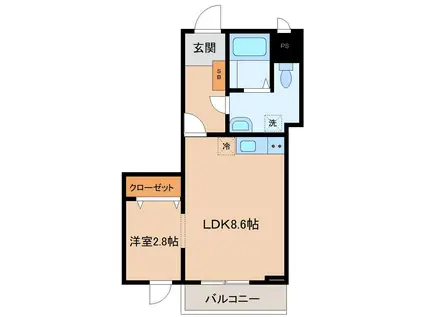 メリディアン多賀城南宮 弐番館(1LDK/2階)の間取り写真