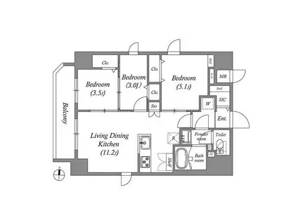 PRIMAL KINSHICHOII(3LDK/13階)の間取り写真