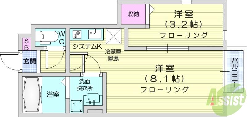 THE ROOM 南仙台駅B棟(1LDK/1階)の間取り写真