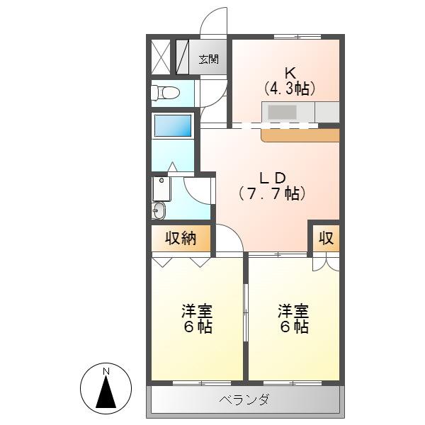 メルヴェール壱番館(2LDK/2階)の間取り写真